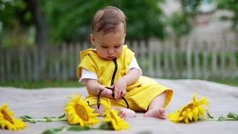 adorable toddler in yellow clothes sitting outdoors in nature. lovely kid with sunflowers around him. blurred backdrop.