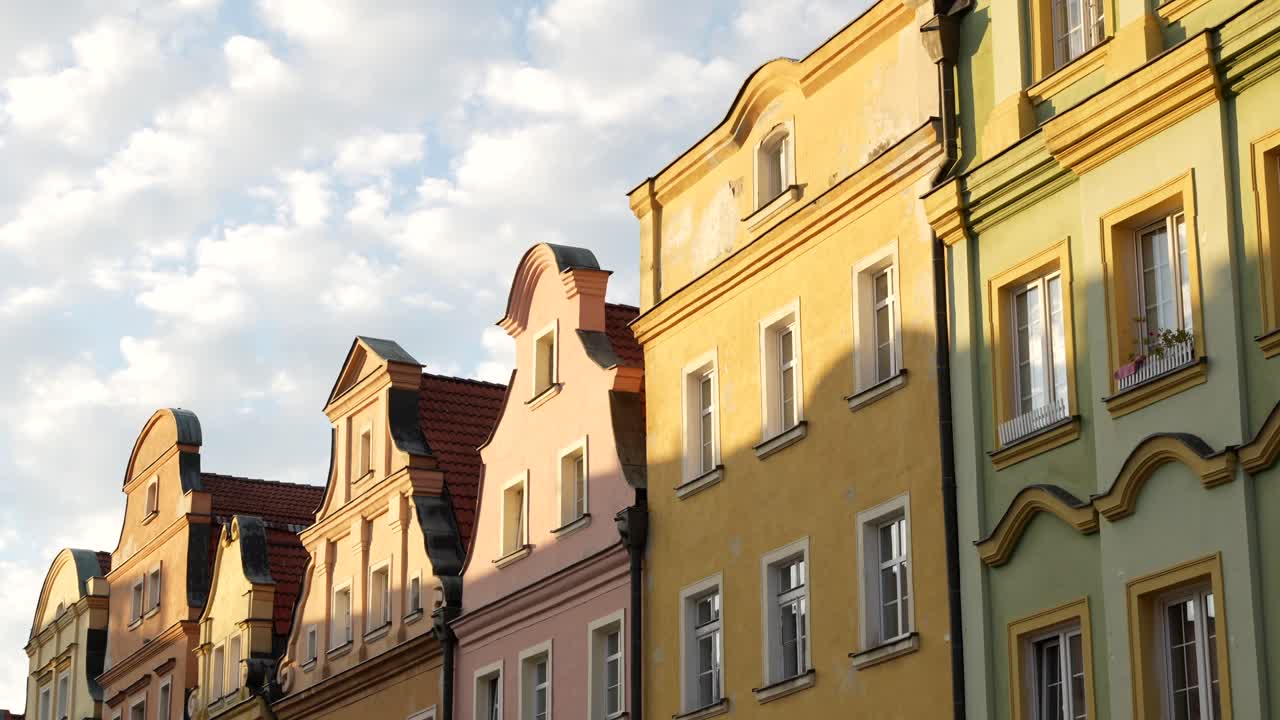 Colourful townhouse facades in Jelenia Gora, charming city in Southwest Poland