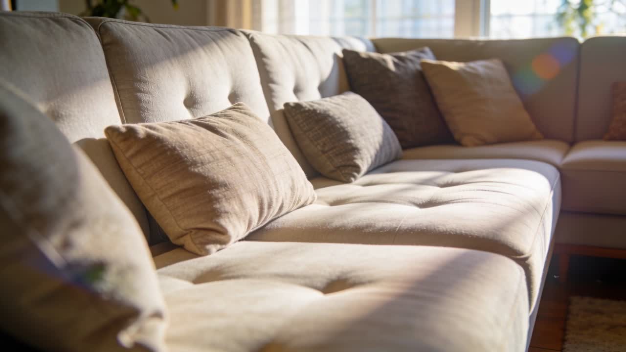 Kameraet bevæger sig mod en beige sofa, mens sollyset skifter og afslører tuftede puder, vindue og en plante