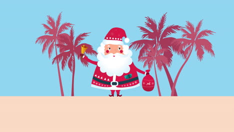 animación de santa claus con campana y saco de regalos con palmeras sobre fondo azul