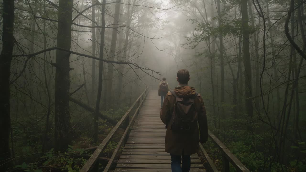 Following companion moving away, hiker in brown coat and backpack walking along boardwalk into fog