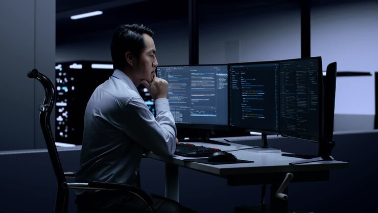 Programmer working late night in server room