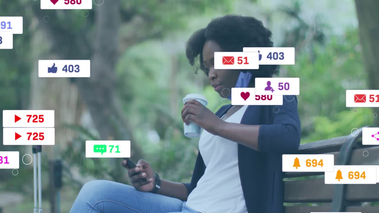 Woman arriving park bench holding coffee scanning phone as animated social media alerts soaring
