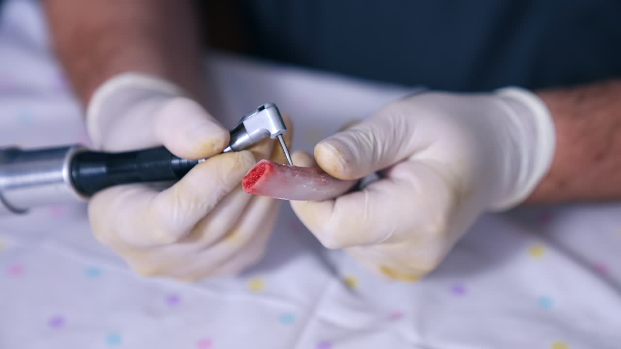 Gloved hands hold the rib bone and use drill machine. Close up. Practicing orthodontic care.