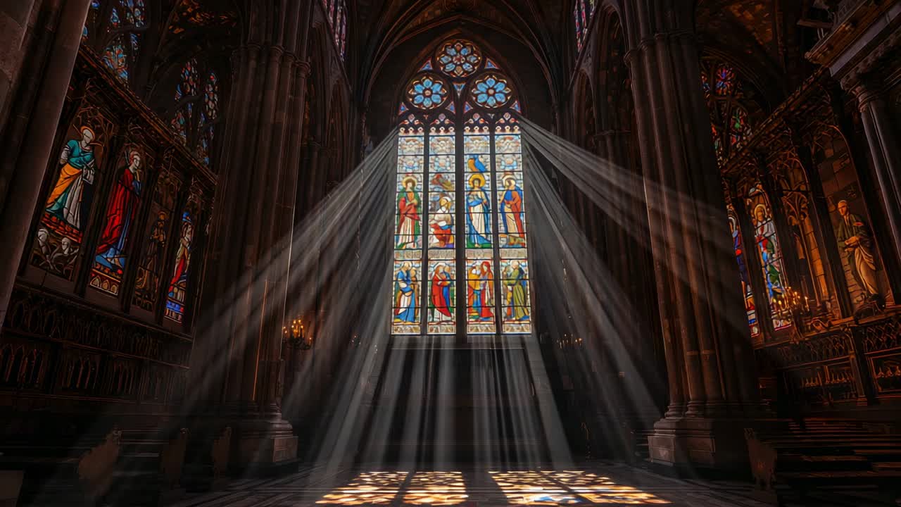 Rising sun streaming light through stained glass window in Gothic cathedral, revealing carvings