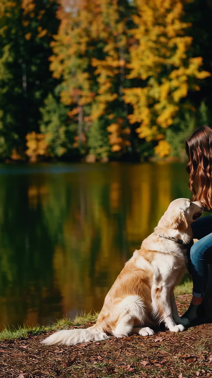 Woman and Golden Retriever Enjoying an Autumn Day by the Lake