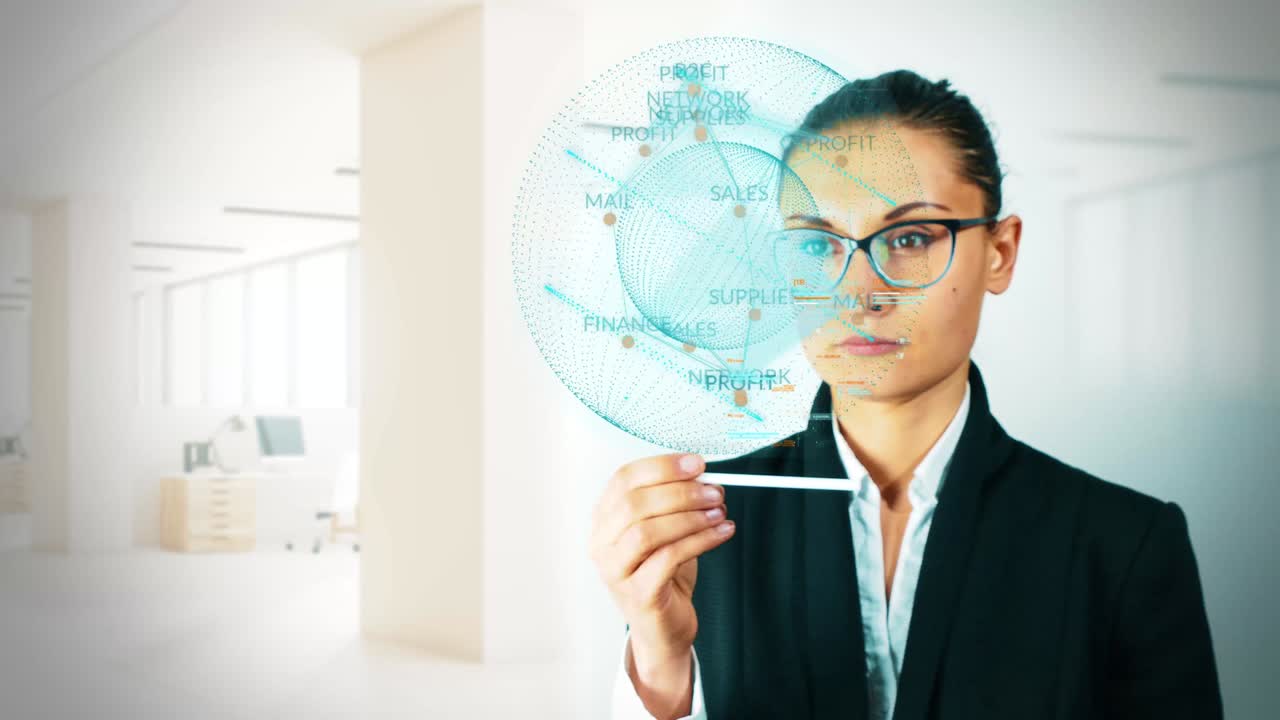 mujer de negocios trabajando en la interfaz holográfica. concepto de futurista