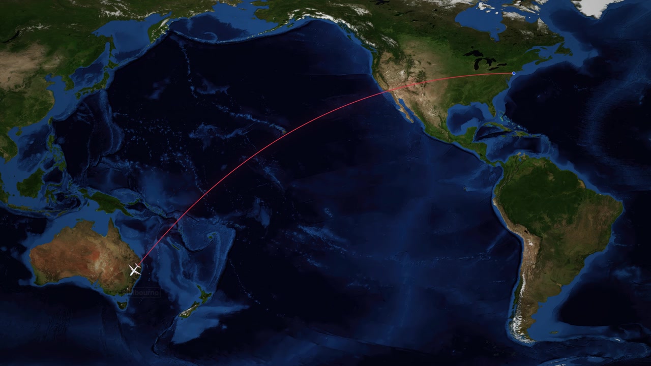 A digital world map tracks a plane flying from New York to Melbourne via Pacific