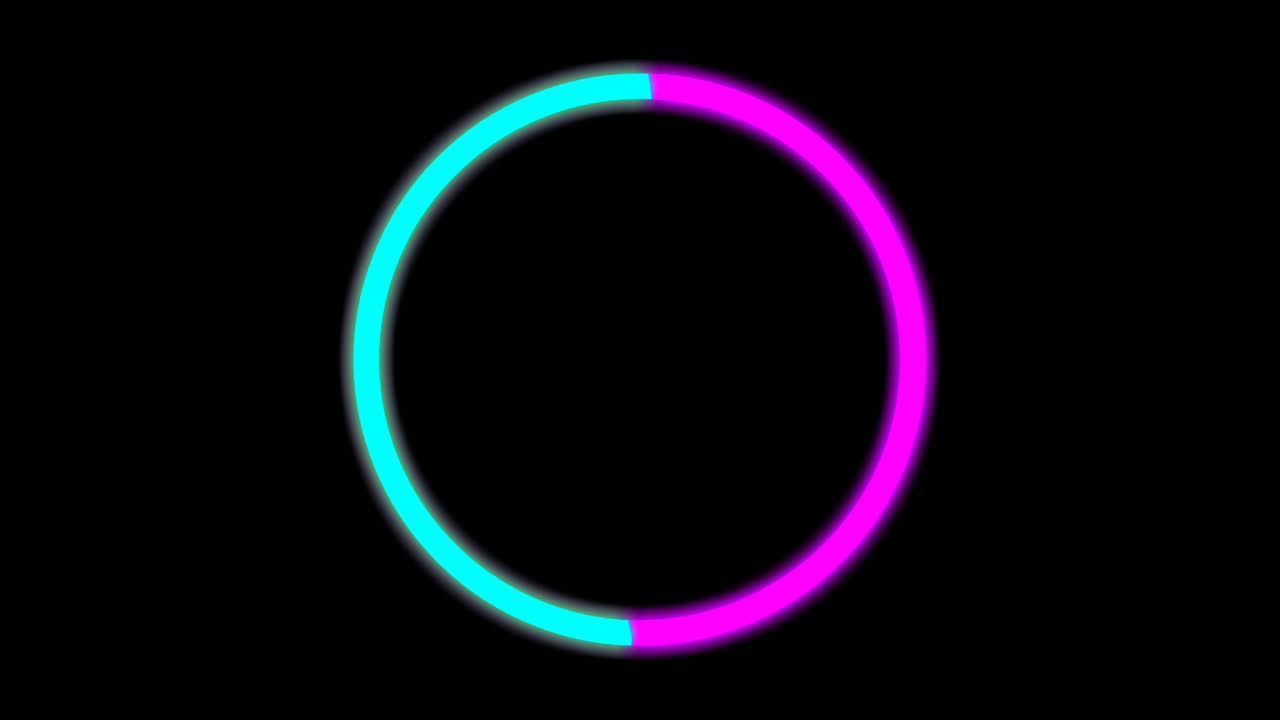 animación de círculo de luz de neón brillando y brillando con espacio de copia en fondo negro.4k iluminado y bucle sin costuras