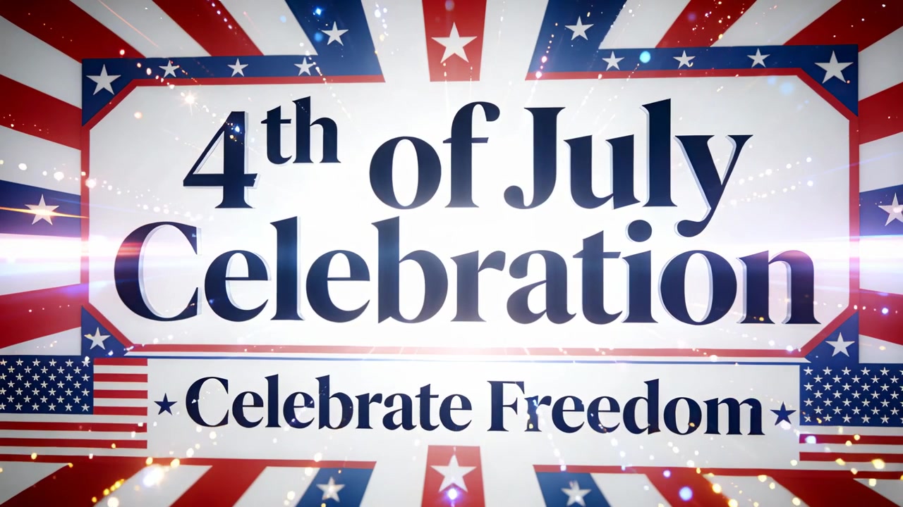 Animer le titre "Célébration du 4 juillet" sur une carte, avec des fusées éclairantes et des étincelles soulignant "Célébrer la Liberté".