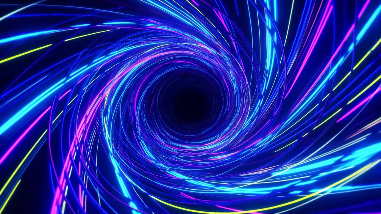 Bright curved light ribbons sweep around dark central void in abstract neon tunnel, with glossy blue, cyan, magenta, and yellow streaks forming vivid radial depth, high contrast, and energetic