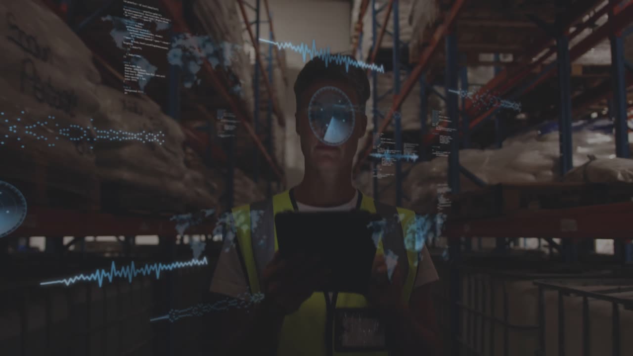 Warehouse manager entering aisle, confirming stock via tablet and displaying 3D graphs around head