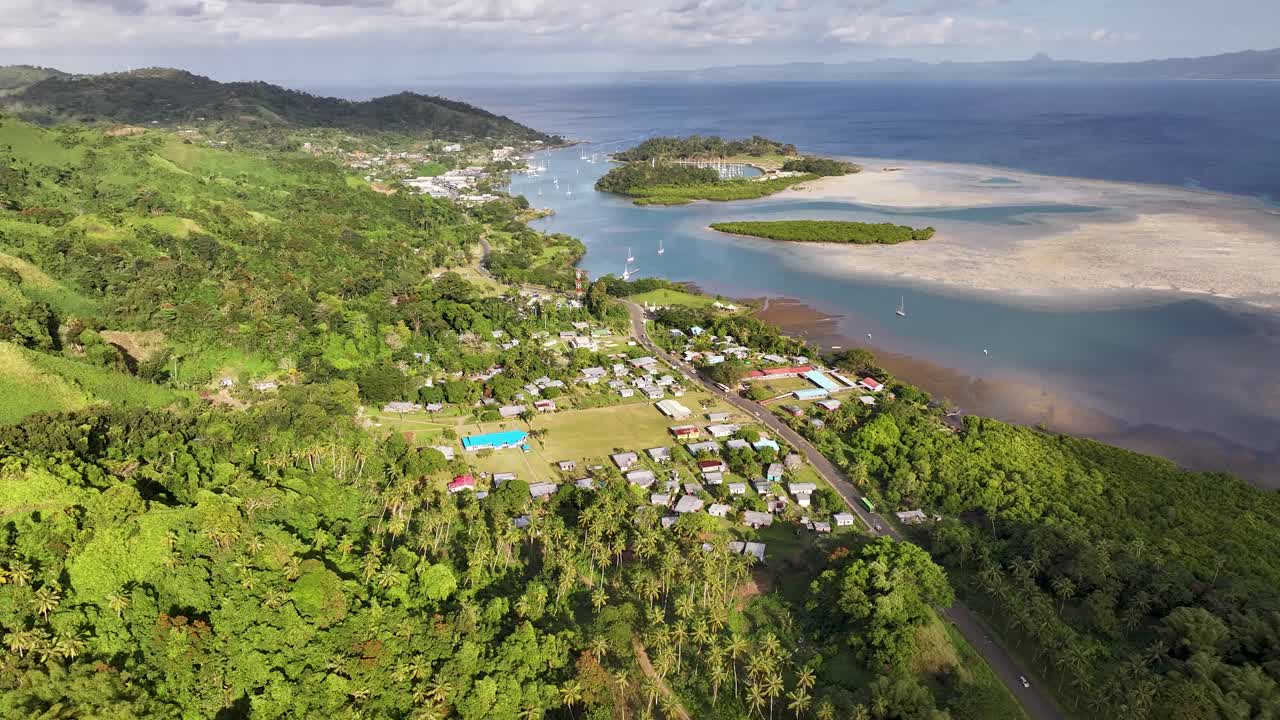 A Sweeping View of Savusavu Town, the "Hidden Paradise," Located on Vanua Levu Island in Fiji - Aerial Drone Shot