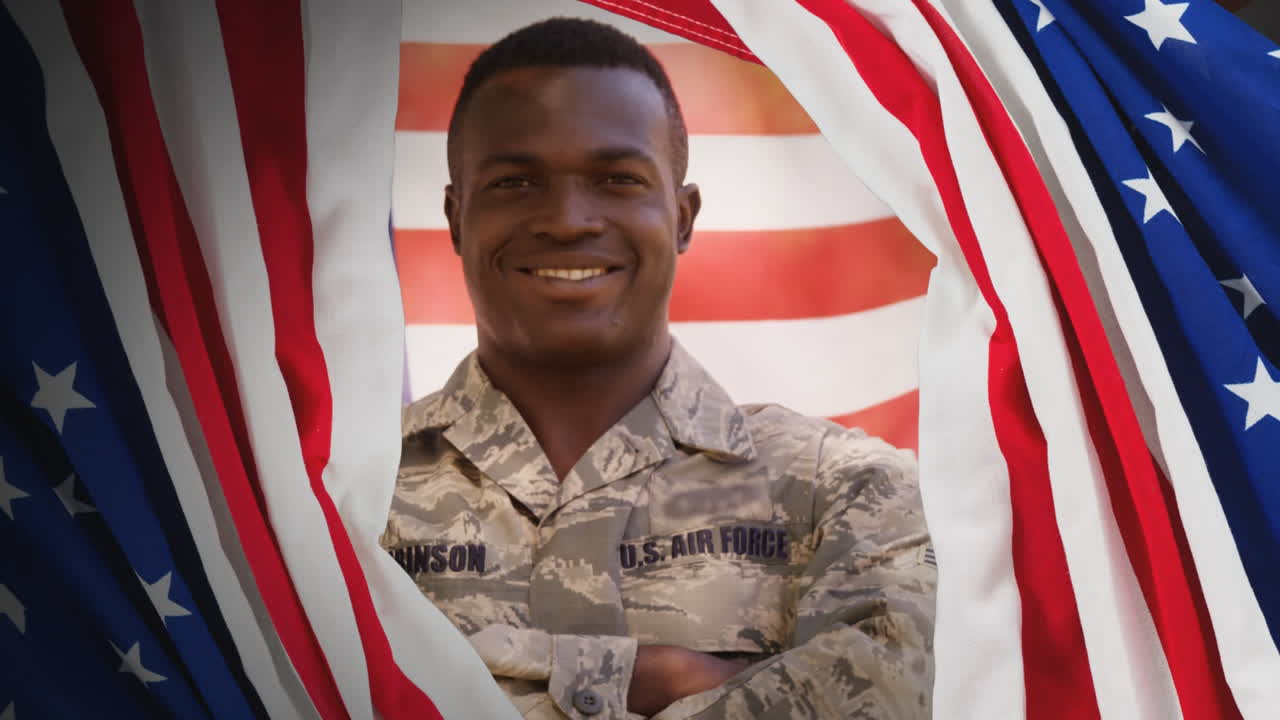 animación digital que muestra a un orgulloso soldado estadounidense sonriendo a la cámara 4k