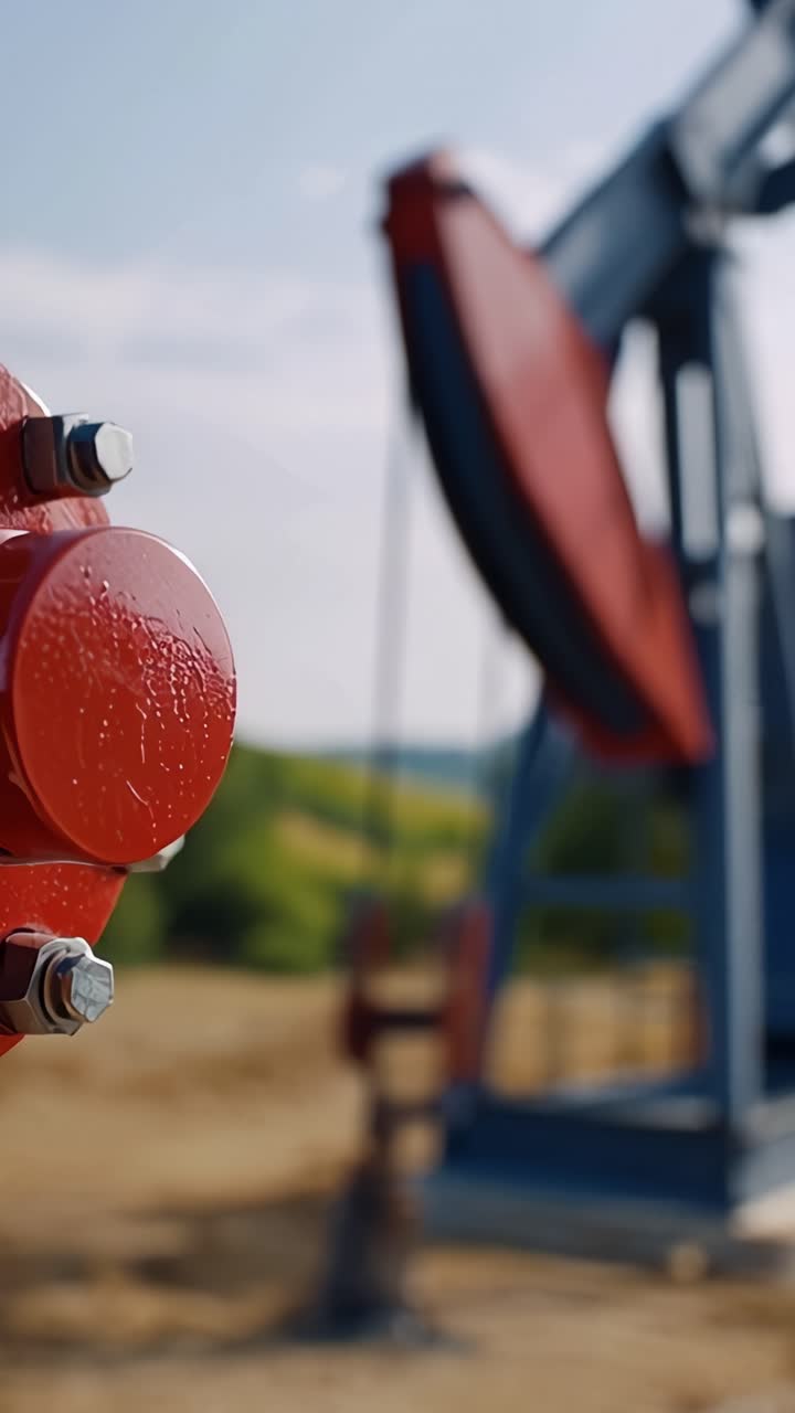 Primo Piano di Attrezzature per l'Estrazione di Petrolio con una Valvola Rossa e un Cavallo di Pompaggio sullo Sfondo, Catturando l'Essenza dell'Industria Energetica e dell'Estrazione di Risorse Naturali.