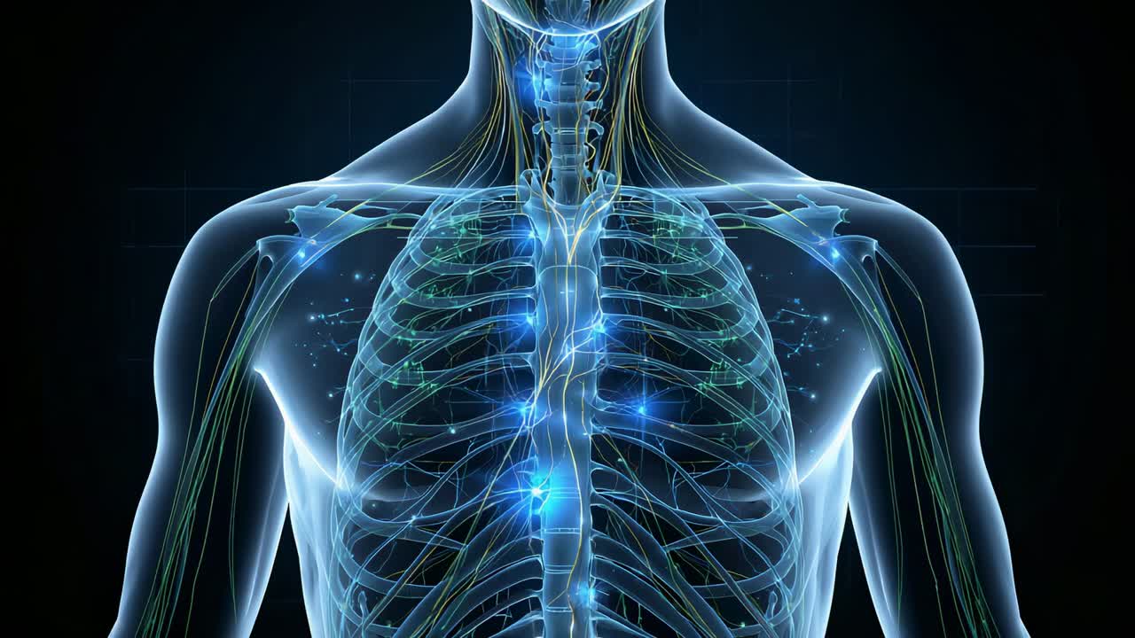 Animazione di un busto trasparente in una griglia scura, nodi blu si illuminano e pulsano lungo i nervi, neuroni che si attivano.
