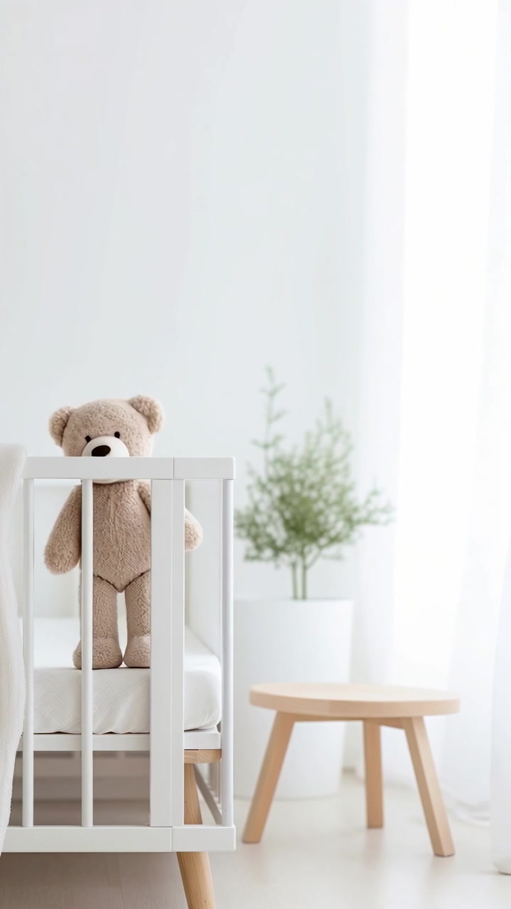 Cute Teddy Bear Climbing Into a White Baby Crib