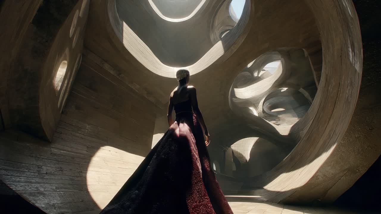 A Stunning Figure in a Majestic Red Dress Stands in a Unique Architectural Space, Bathed in Natural Light and Surrounded by Intricate Curved Structures That Enhance the Scene