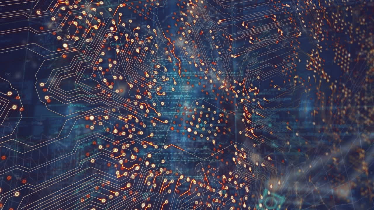 animación de circuitos integrados a través de conexiones y datos en pantalla digital