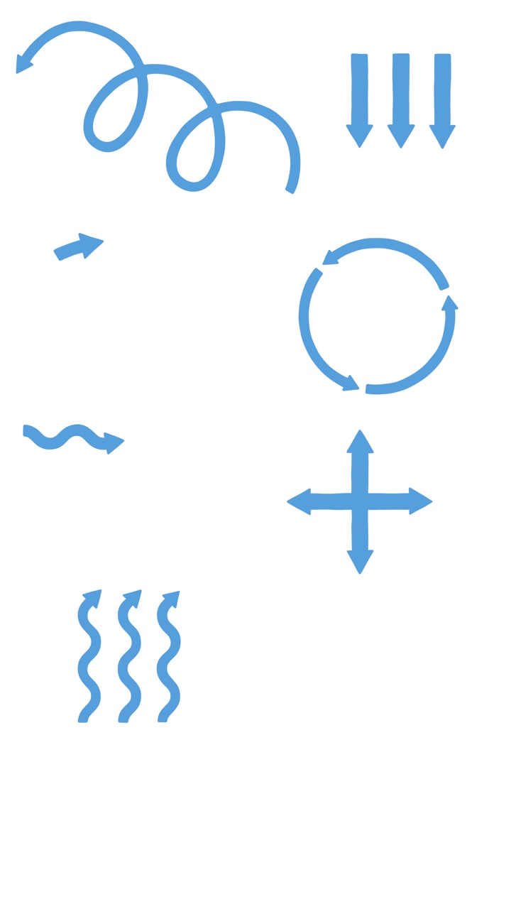 Animated blue arrows and motion lines appear sequentially, illustrating various movement directions on white background