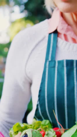 mujer madura sosteniendo caja de verduras