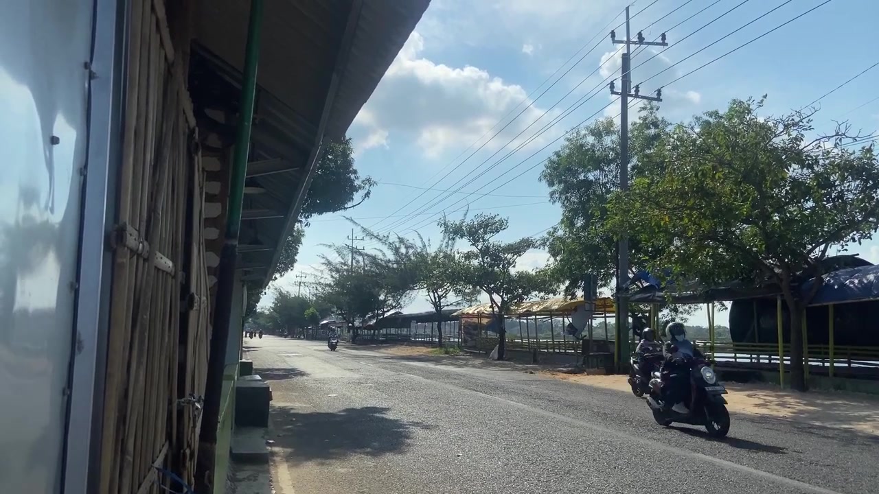 Motos circulando em uma estrada costeira ensolarada com árvores e postes de energia