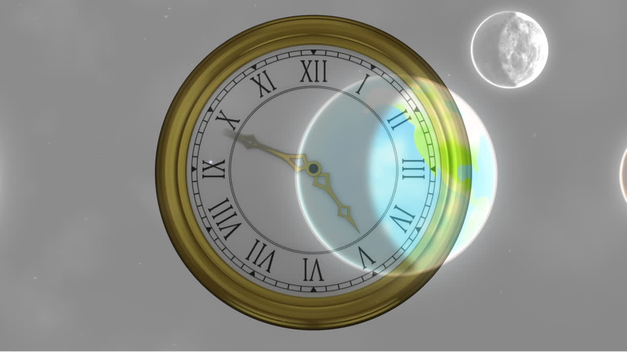 Animation of solar system, planets and space over clock ticking