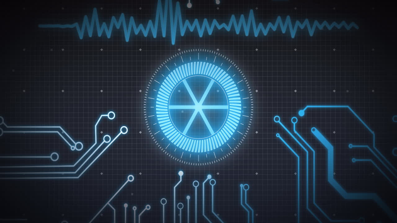 Animation of scope scanning, processor elements and data processing over grid