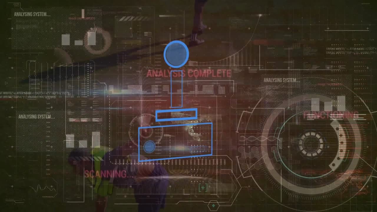 Animation of blue game controller with infographic interface over player doing cartwheel on ground