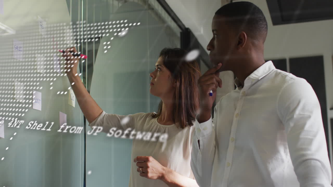 Animation of world map and data processing over business people in office