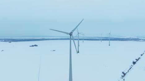panoramic view wind farm in winter, the blades rotate and generate electricity for consumers