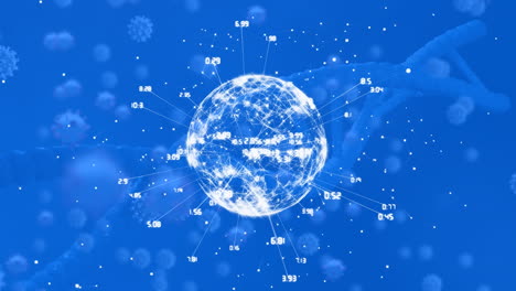 animación de la cadena de adn, células de covid 19 en todo el mundo en fondo azul