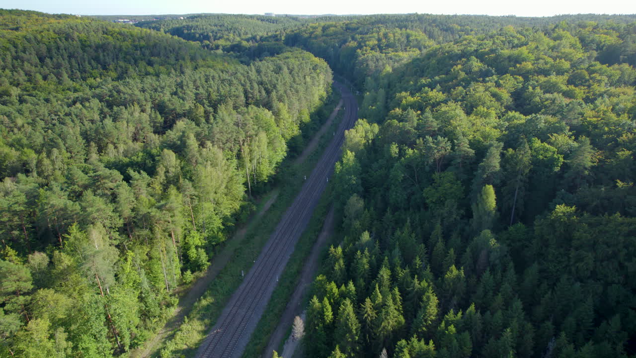 Two lane railroad between trees in Scandinavia, aerial drone view