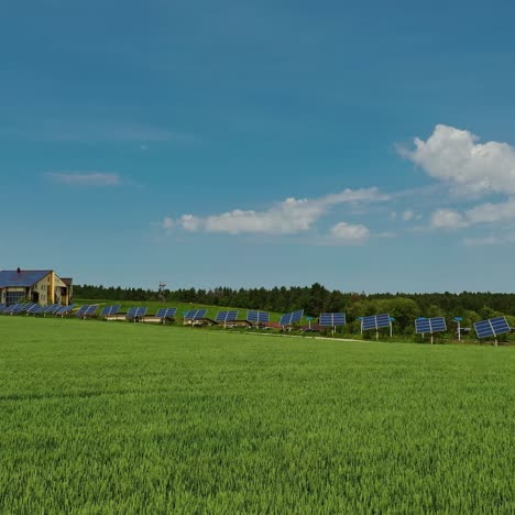 innovative solar panels on field. agricultural landscape in spring and photovoltaic solar cells to receive green energy from the sun. ecological electricity.