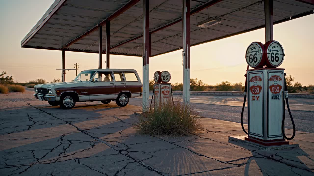 Vintage-Tankstellenszene mit einem Oldtimer bei Sonnenuntergang