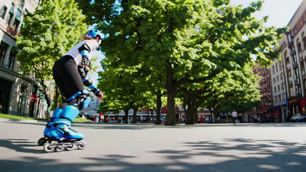 Dynamic low-angle shot of a person rollerblading in a park, capturing motion and energy