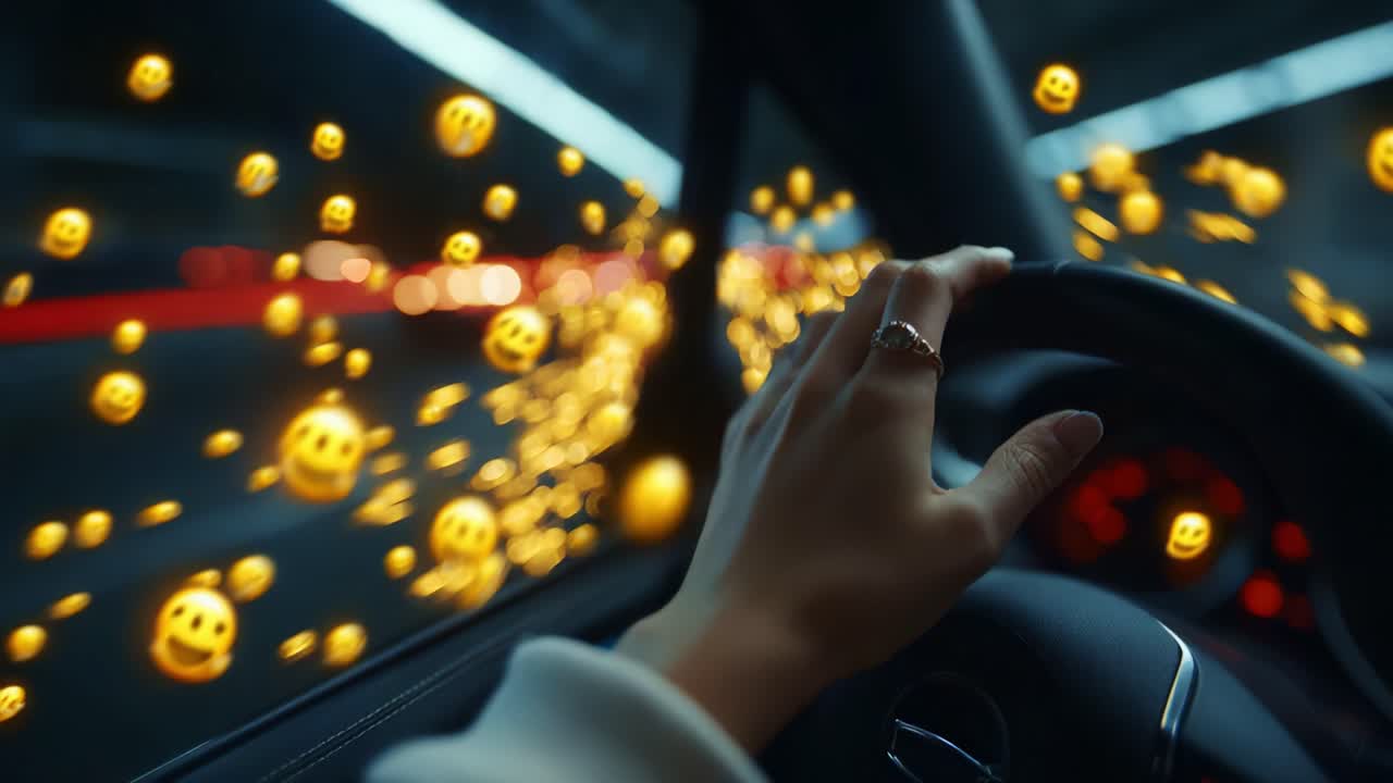 A Dynamic Perspective of Driving: Capturing the Excitement and Joy of Motion with Floating Emojis and a Stylish Hand on the Steering Wheel in a Modern Car Environment