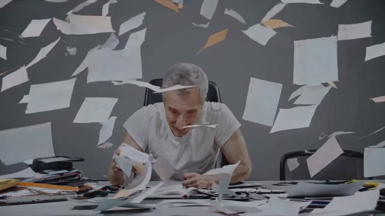 Overwhelmed Senior Worker with Flying Papers