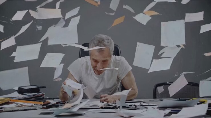 Overwhelmed Senior Worker with Flying Papers