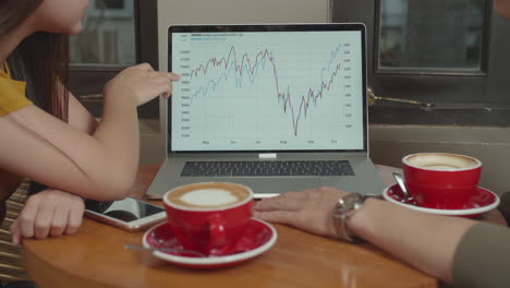 two young asian business analyzing and discussing graph, charts and diagrams at coffee shop