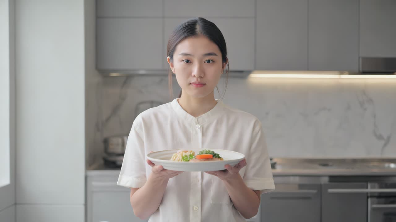 Woman holding a plate of food in a kitchen