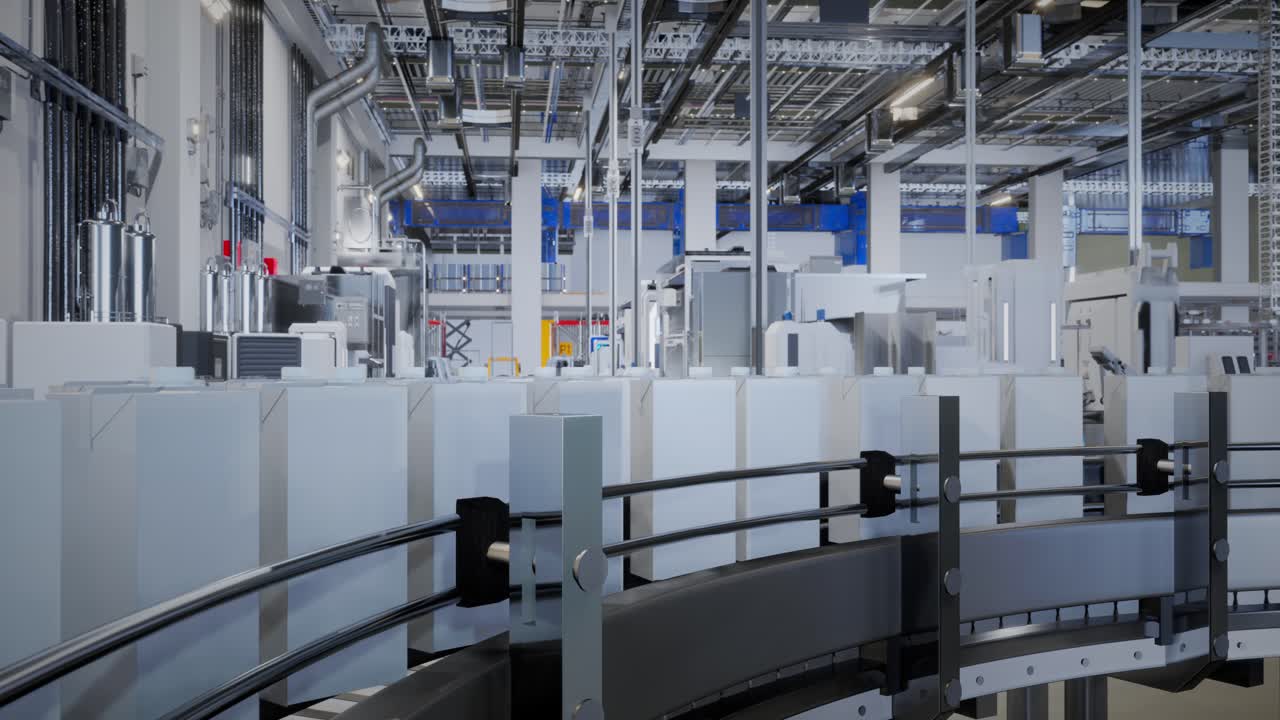 현대 공장에서 자동화 된 생산 컨베이어 라인: 생산 컨베어 라인에서 상자를 운반하는 것, 생산 컨베이어 라인에서 운반되는 상자 상자, 기계 메커니즘