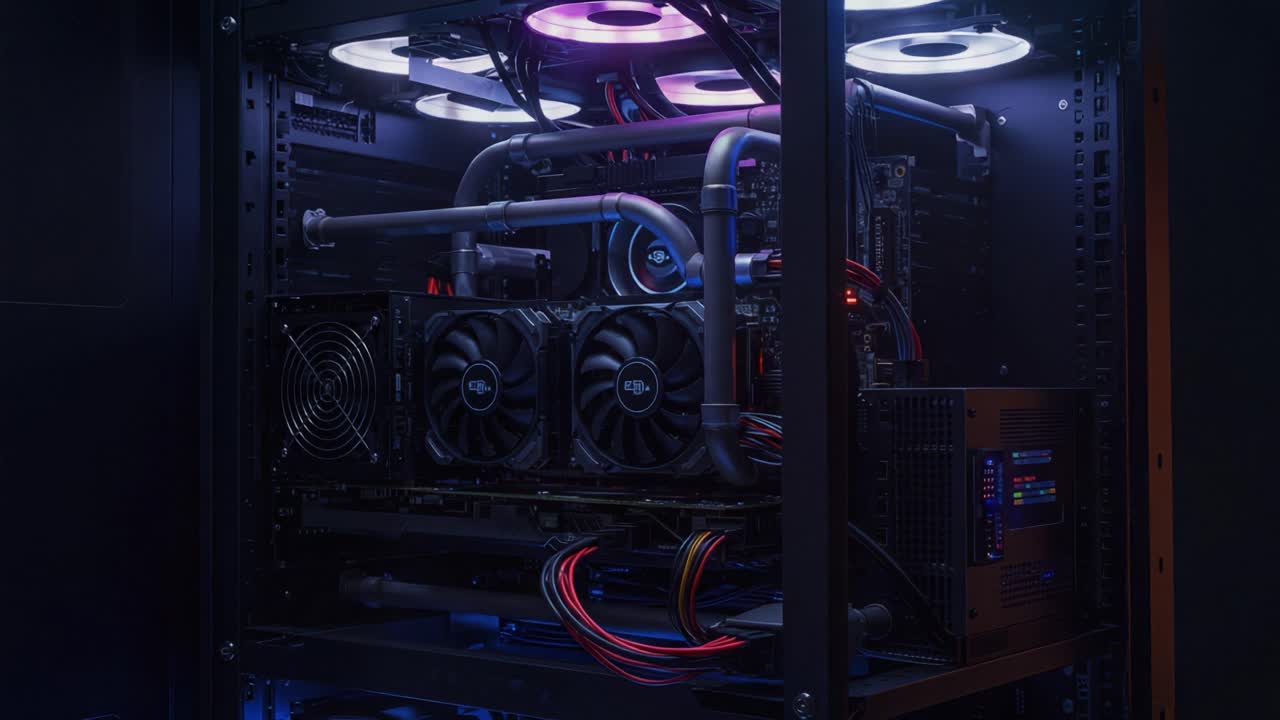 A Close-Up View of a Modern Gaming PC Setup Showcasing Advanced Cooling Systems and Colorful RGB Lighting for Enhanced Performance and Aesthetics