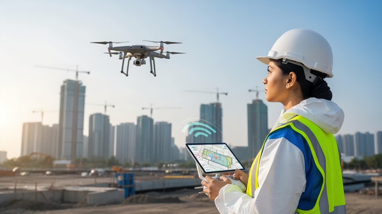 A Construction Professional Operating a Drone with a Tablet in Urban Development Scene, Showcasing Modern Technology in Engineering and Project Management