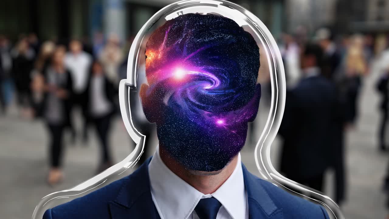 Professional businessman standing with cosmic brain, symbolizing innovative thinking and mental expansiveness through surreal double exposure visualization