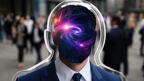 professional businessman standing with cosmic brain, symbolizing innovative thinking and mental expansiveness through surreal double exposure visualization