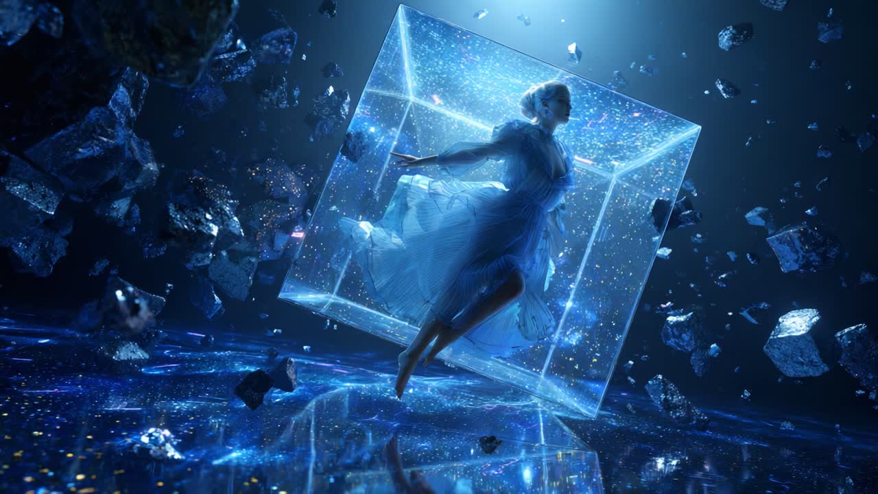 A woman in a blue dress floating in a futuristic space