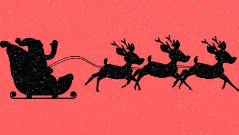 snow falling over silhouette of santa claus in sleigh being pulled by reindeers on orange background