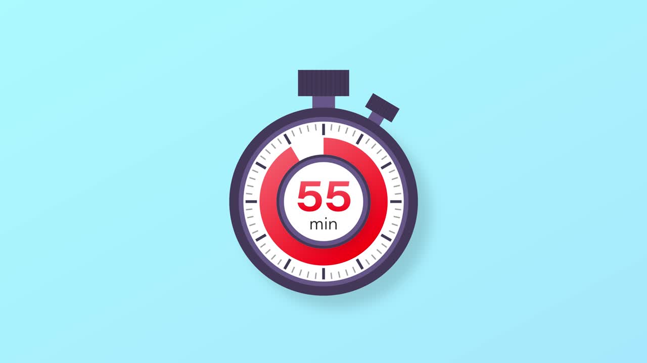 The 55 minutes timer. Stopwatch icon in flat style. Motion graphics.