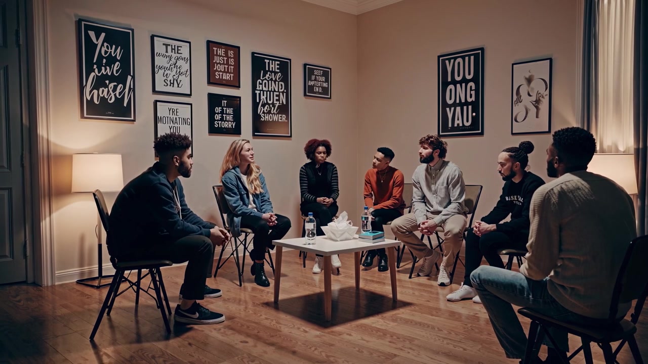 Diverse Group of People Sitting in a Circle for Support Group Meeting